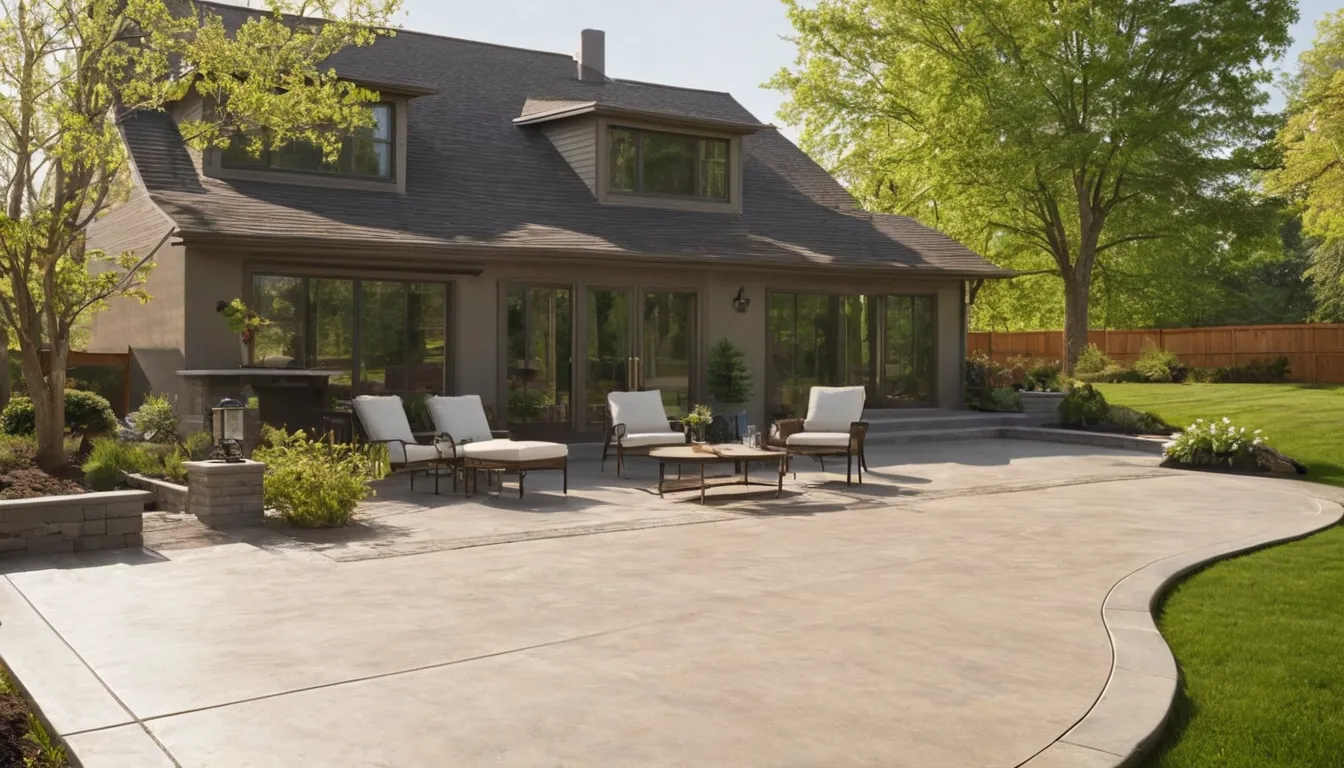 A new gray concrete patio beside a brick ranch home in St. Louis with patio chairs and a small grill