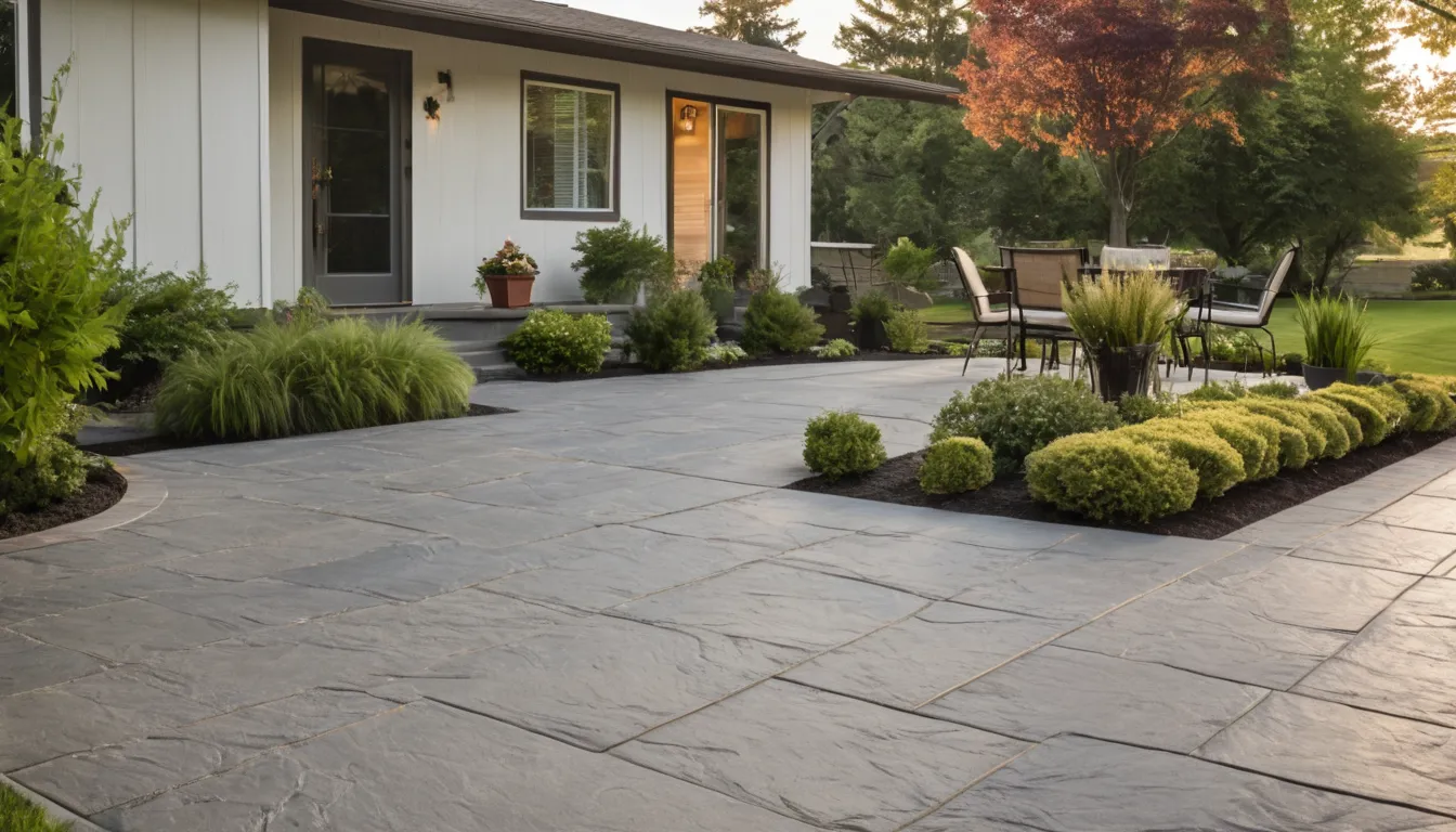 A finished stamped concrete patio behind a St. Louis home with a natural stone pattern